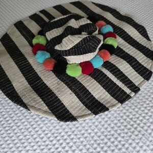Striped Kids Beret with Colorful Pom Poms